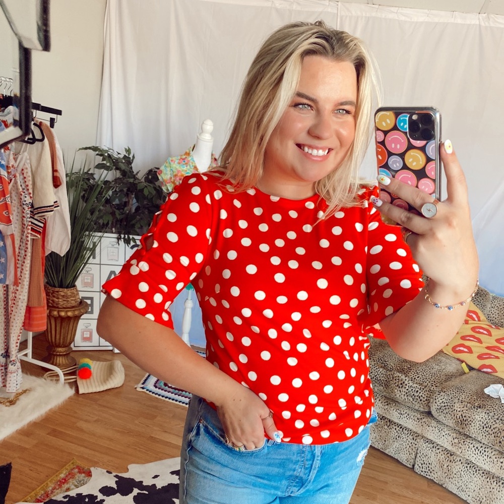 Boden NWT red white polka dot blouse